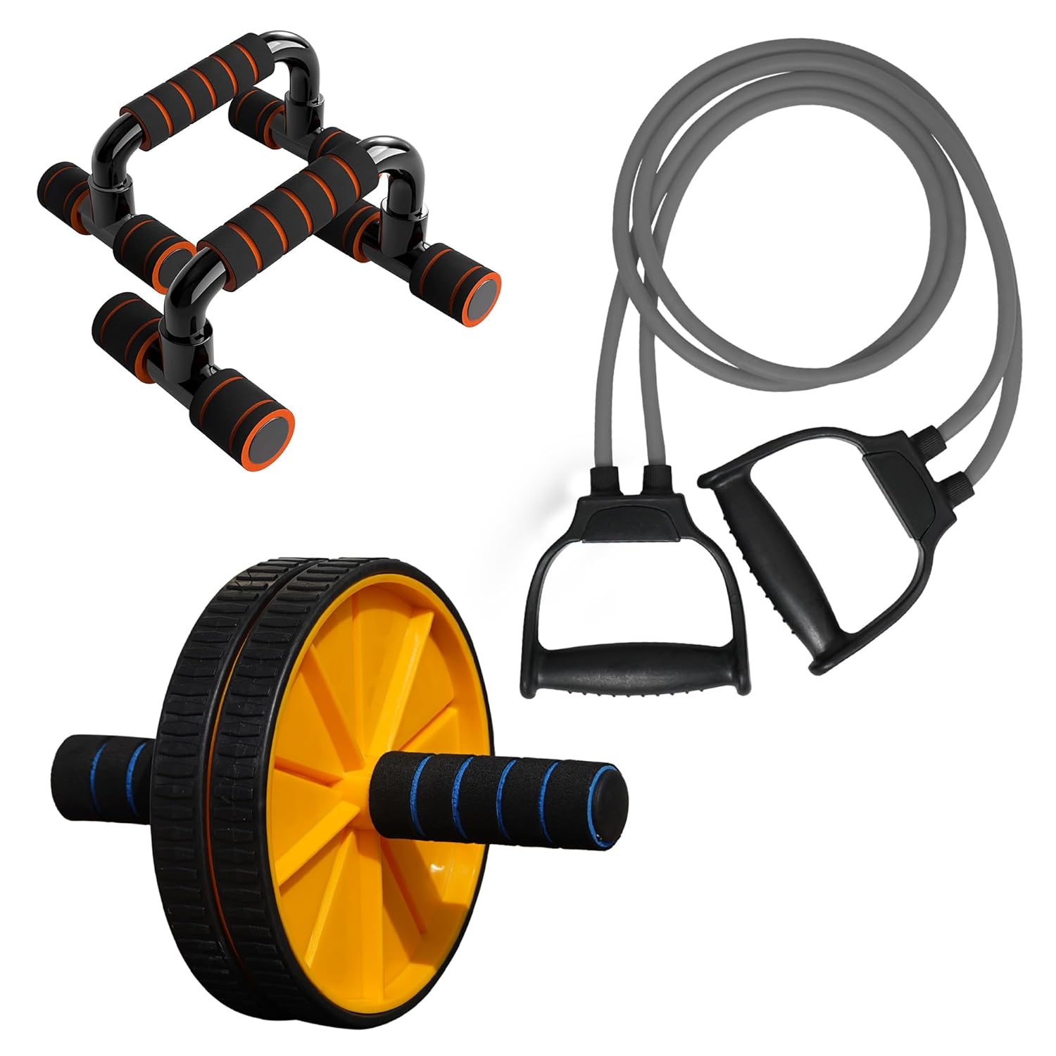 HAS Dual Wheel Abs Roller Double Toning Resistance Tube Band with Push Up Bar Stand Gym Kit Combo